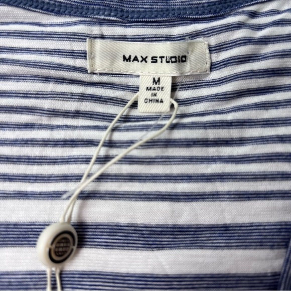 Max Studio Womens Striped Blouse Blue Short Sleeve Button Up Tie Front Medium - Picture 6 of 9